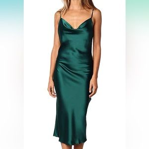 Green satin cowl neck midi dress with slit